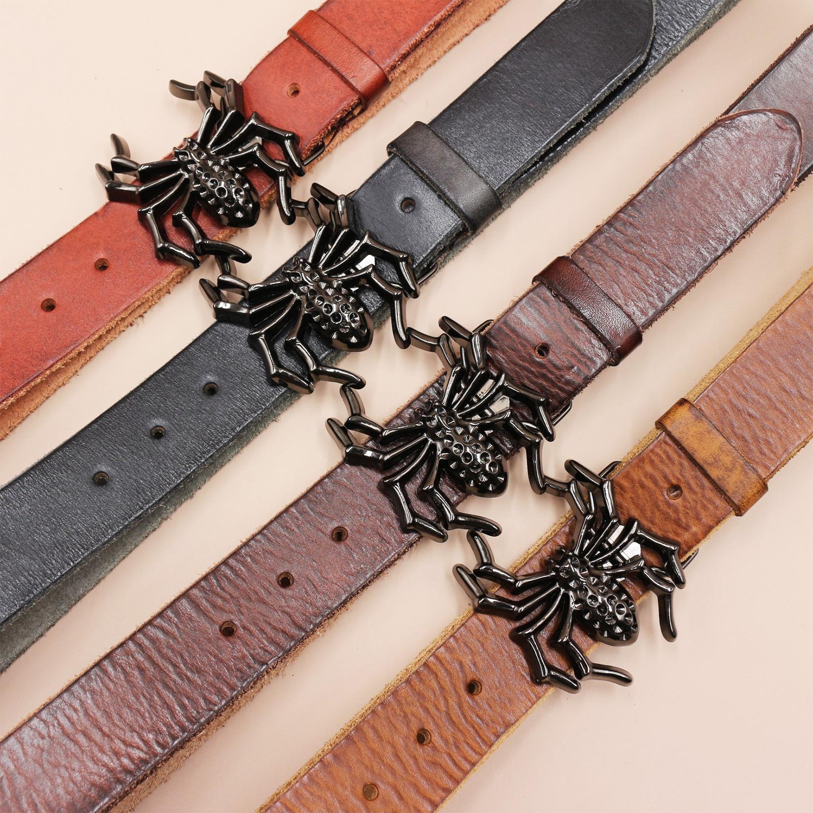 Writing A Notebook Men's Leather Belt, Spider Buckle Top Layer, Cowhide, Retro Youth Cargo Belt 130Cm