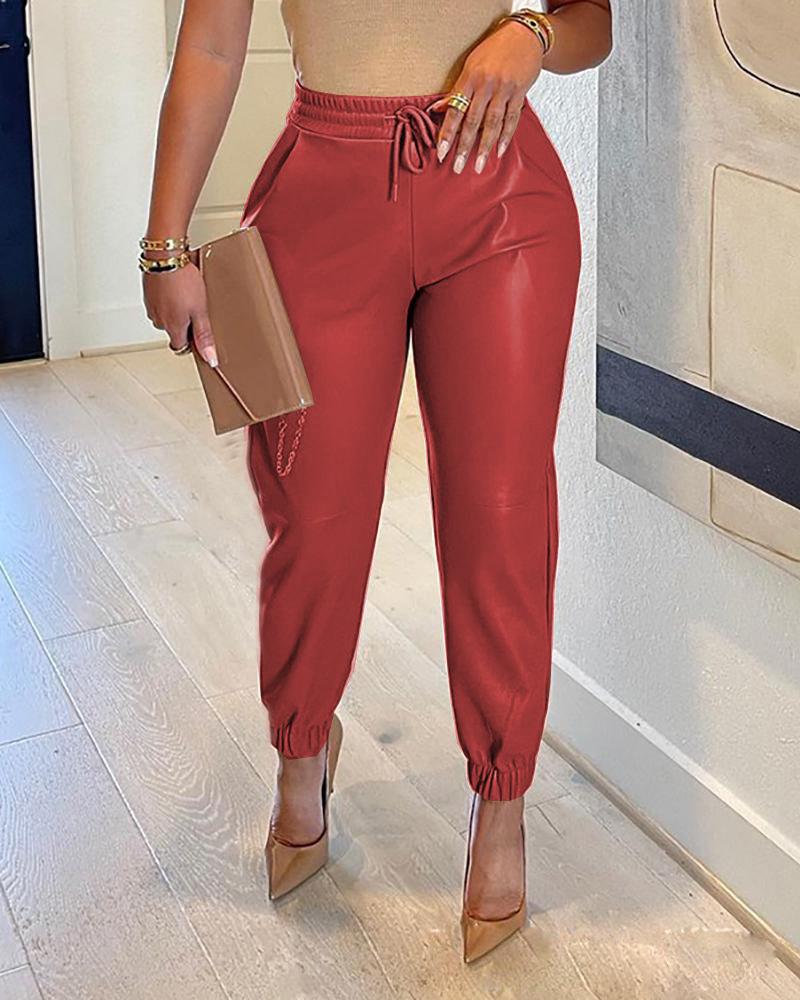 2026 Women's Fashion PU Leather Elastic Waist Front Loop Single Button Casual Sports Pants Women's Clothing Women's Pants