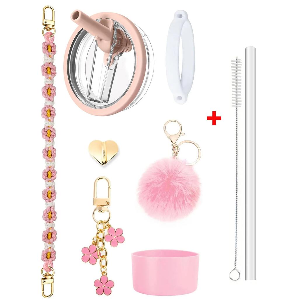 9pcs 40oz Tumbler Accessories for Stanley Cup Set Leak Proof Flip Straw Lid Water Bottle Handle Strap,Silicone Cup Boot Charms