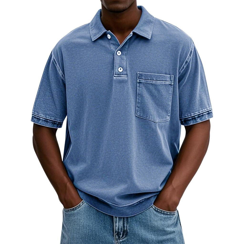 Men's Summer Color Button Collar Short Sleeve Tops Men's Casual Loose Fashion Tops