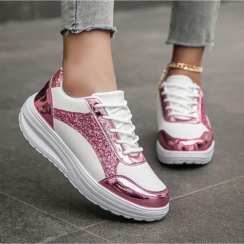 Women'S Pure Color Sequins Sneaker Lace-Up Platform Sequined Decorative Walking Rock Shoes High Top Sneakers Sneaker