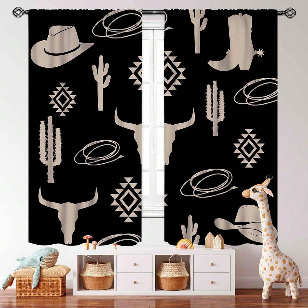 Western  Curtains  Retro Bull Skull Southwestern Boho Vintage Geometric   Retro  Native Black Window Treatments For Bedroom Livin
