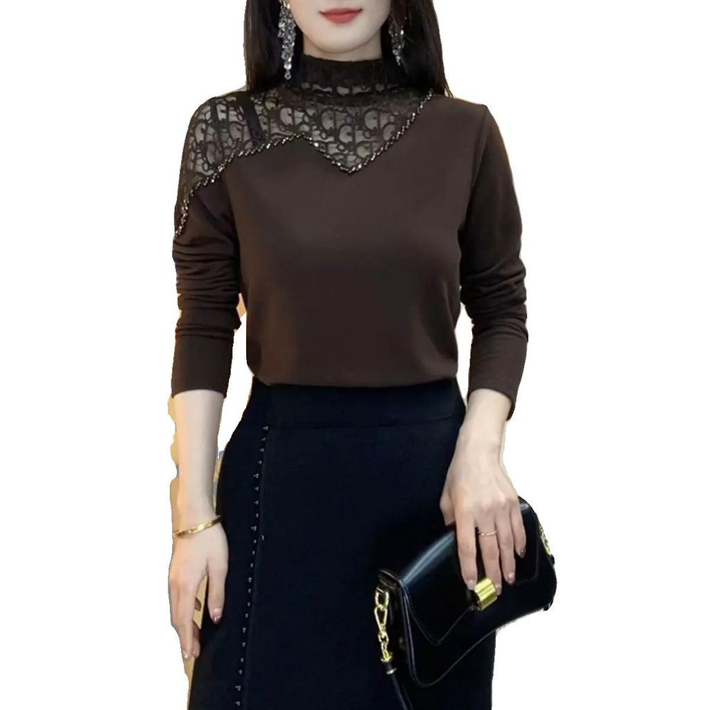 Dámské základní tričko s nepravidelným polovyvýšeným límcem, s výřezem, horkým ražením, s kamínky, podzimní a zimní, temperamentní, silný oboustranný sametový top