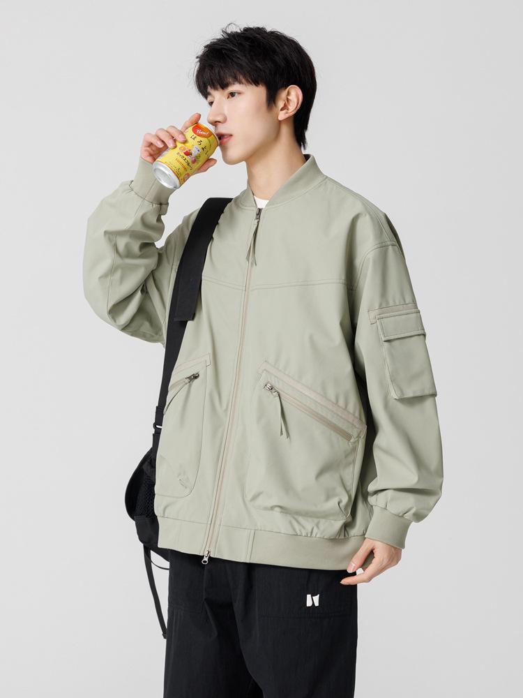 2025 Japanese Trendy Men's Retro Loose Stand Collar Bomber Jacket - Spring Casual Drop Shoulder Workwear Style.