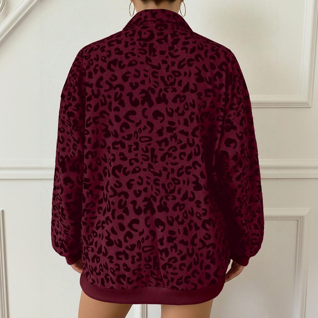 Women's Leopard Print Loose Fit Hooded Sweatshirt with Collar