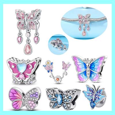 Cute Blue Pink Fantasy Butterfly Series Copper Beads Pendant Fit Bangle Charms Bracelet Diy Women Original Jewelry