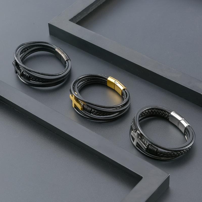 Mary Accessories, Stainless Steel Cross Fashion Bracelet Personalized Multi-layer Woven Leather Bracelet Men