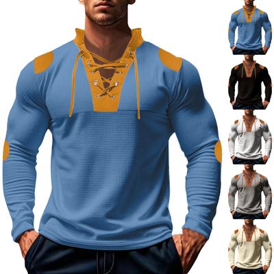 Men'S Color Blocked Strap V-Neck Top Casual Long Sleeved Base T-Shirt