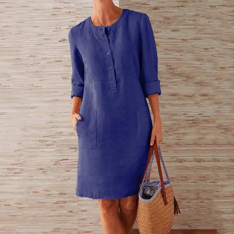 Women's Large Size Round Neck Long Sleeve Cotton Linen Solid Color Dress