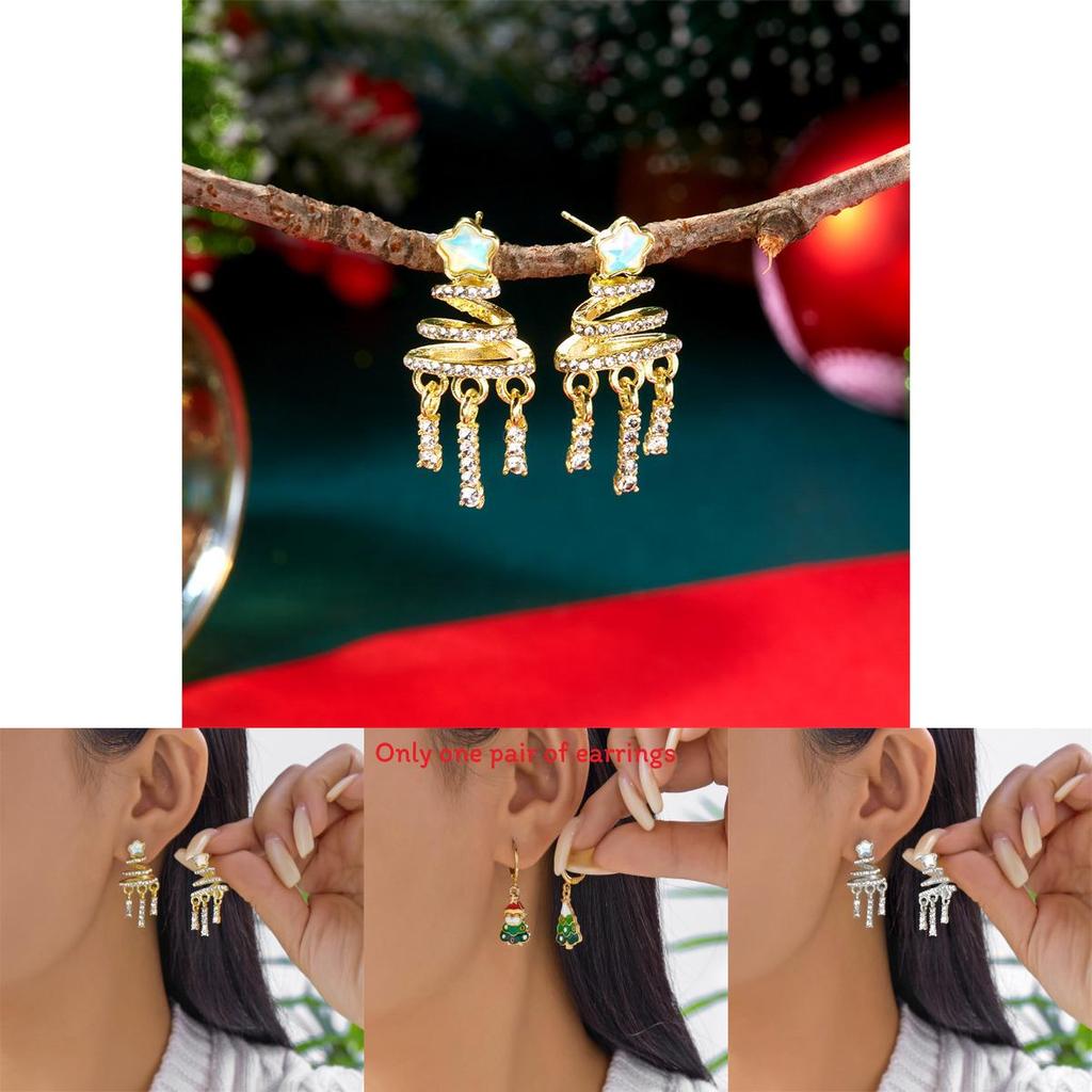 Christmas Tree And Star Drop Dangle Earrings With Ceramic Ear Pins For Womens Holiday Jewelry