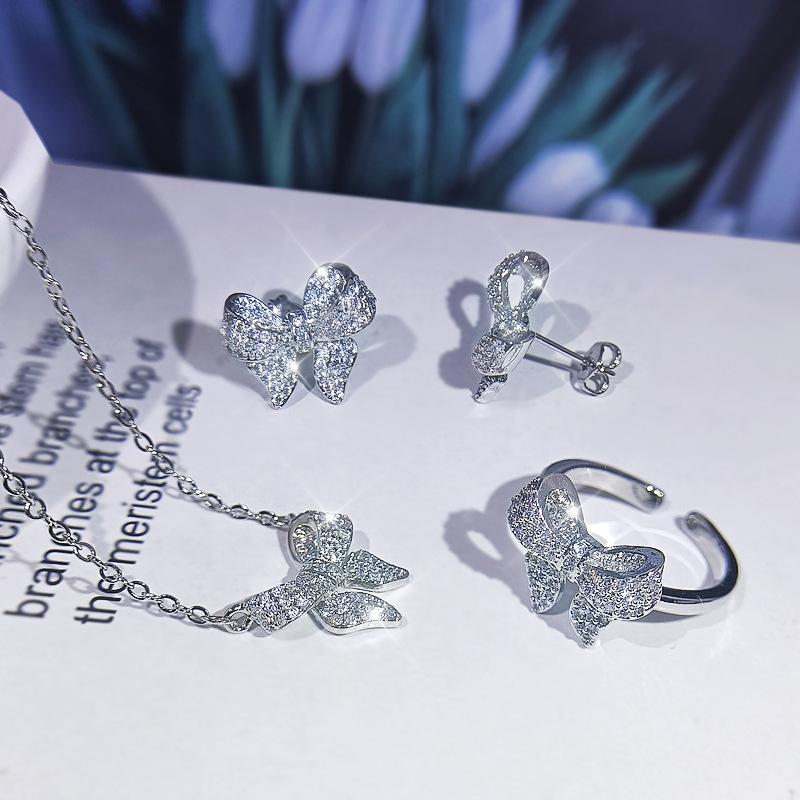 Bow Stud Earrings Necklace Ring Retro Style Three-Piece Jewelry