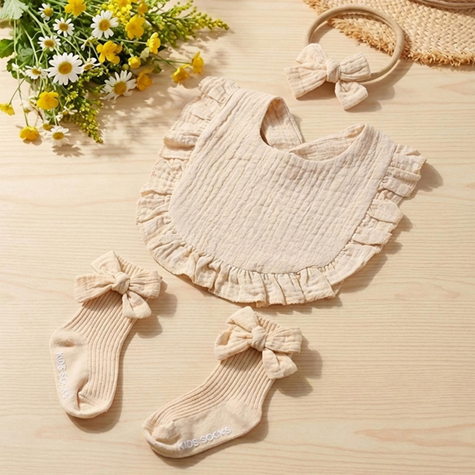 

Baby Single Color Bow Hair With Bib Socks Three Piece Set, Suitable For 0-2 Years Old One Size хакі