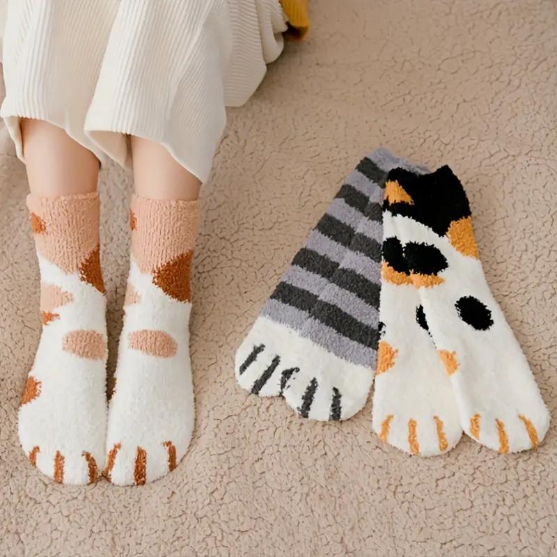 Winter Coral Fleece Socks Mid Calf Cute Cat Paw Design Thickened Warm Sleep Socks for Women Girls Indoor Cold Weather Wear