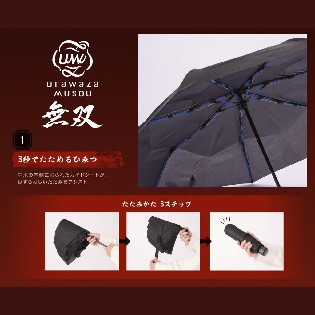 urawazaMUSOU Automatic Folding Umbrella in 3 10392 Dark Gray [Moonbat] Open/Close [Folds Seconds] Men's