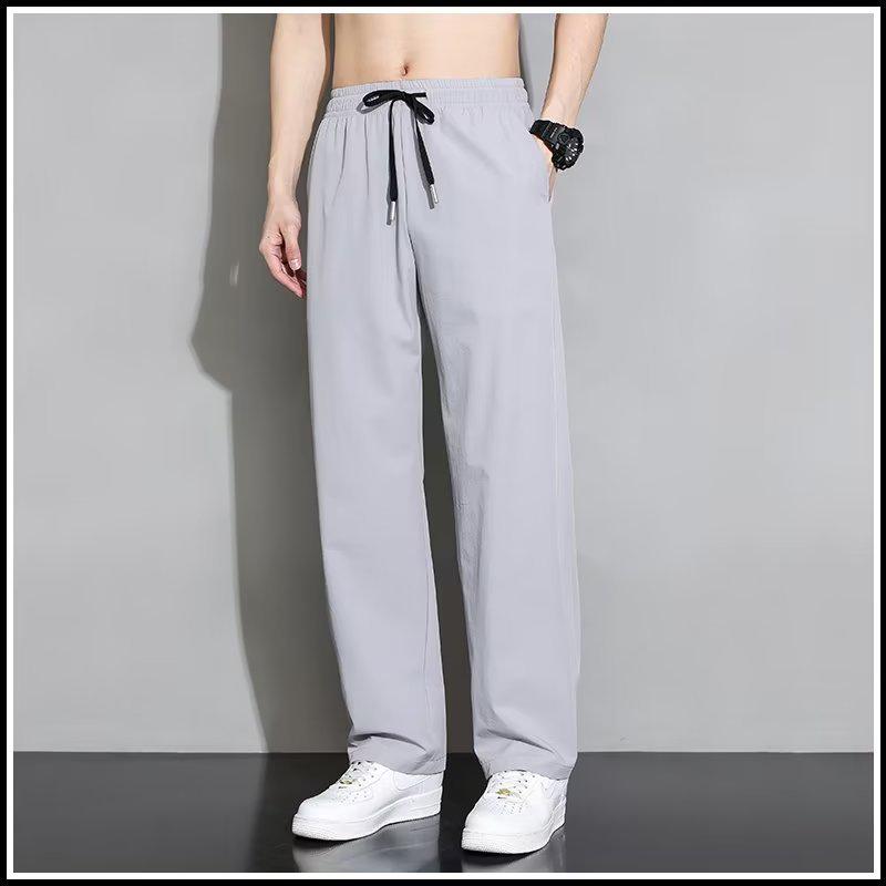 Pantaloni Casual Sottili in Seta Ghiacciata da Uomo - Vestibilità Slim, Stile Coreano, Leggeri, Pantaloni Sportivi Dritti Larghi per Primavera, Estate e Autunno.