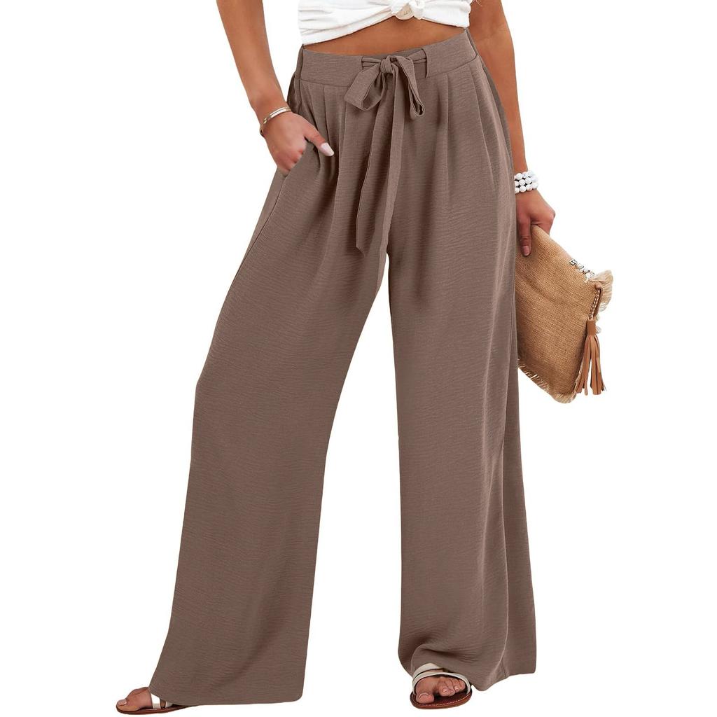 Womens Wide Leg Palazzo Pants High Waisted Adjustable Tie Knot Flowy Trousers Casual Loose Pant With Pockets