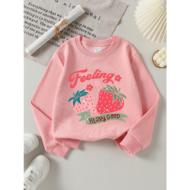Girls' Crew Neck Sweatshirt Feeling Berry Good Strawberry Design (1), Soft Cozy Pullover, Warm Casual Outfit for Autumn And Winter
