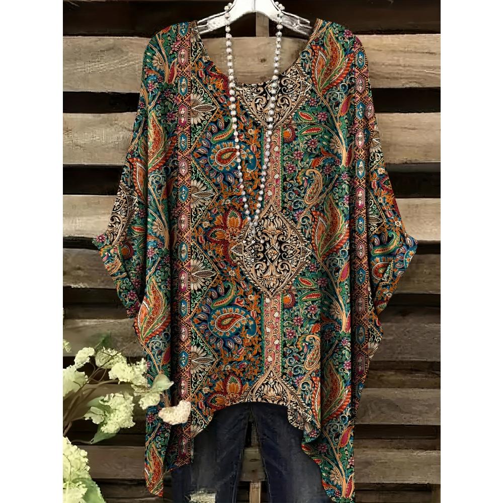 Sommer Damen T-Shirt Ethnischer Stil Gedruckter Frack Rundhalsausschnitt Lässig Bequem Y2k T-Shirt Vintage Damen Kurzarm-T-Shirt