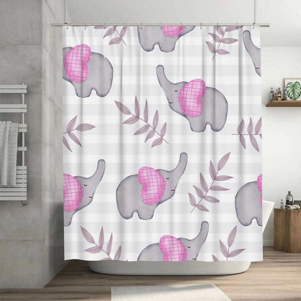 Watercolor Grey Elephant Shower Curtain Kids Bathroom Decor with Leaves Pink Checkers Rectangular Hook Rings Included (84 x 72)