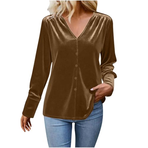 

Women s Fashionable Color V Neck Button Loose Long Sleeved Casual Top XL кавовий