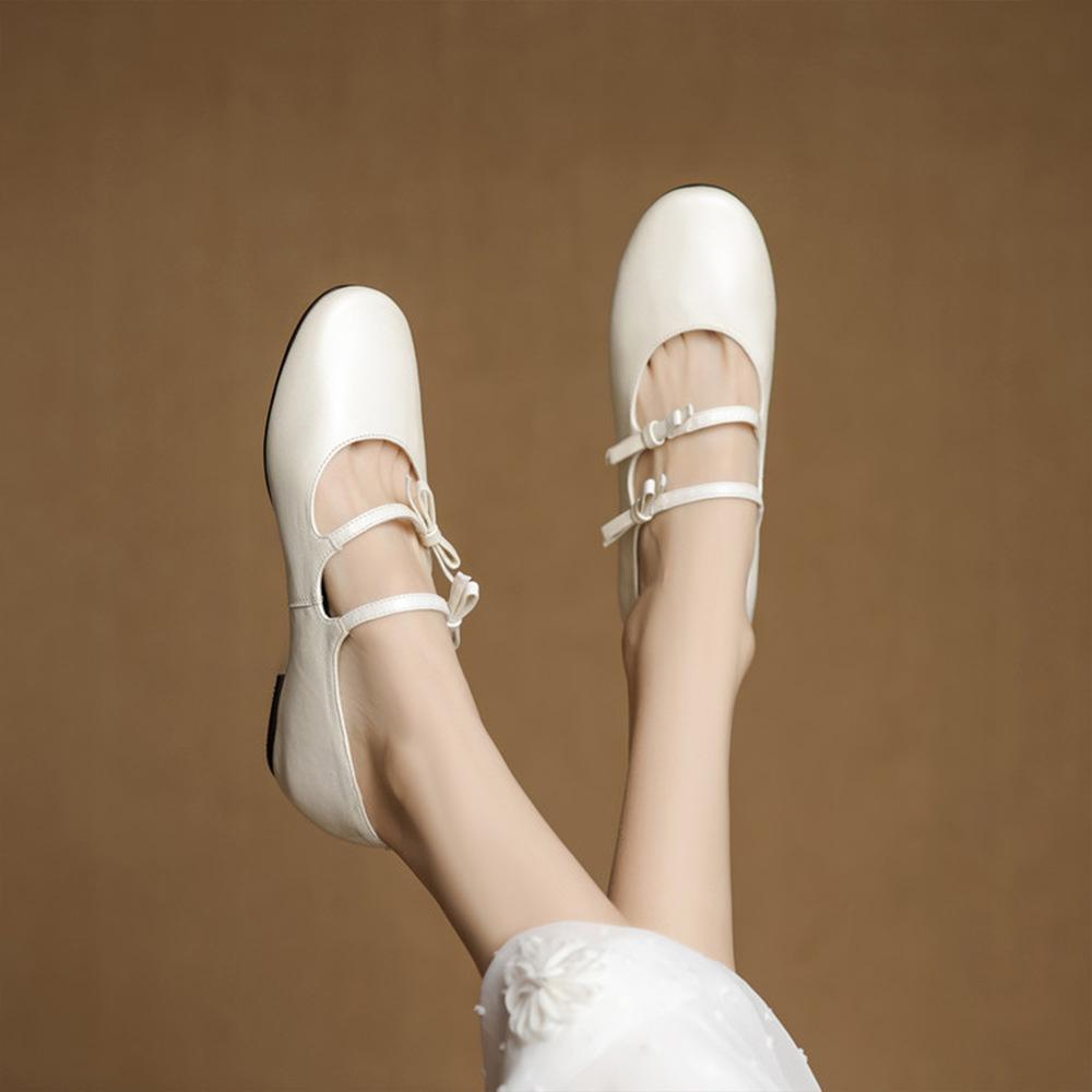 French Round Head Bow Mary Jane Shoes Women's New Shallow Mouth Flat Sole Shoes Versatile Leather Shallow Mouth Women's Shoes