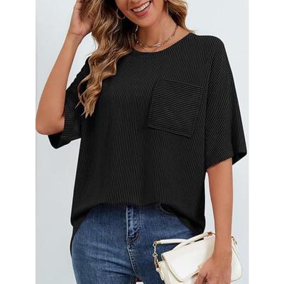 Women's Summer Short Sleeve Patch Pocket Top Oversized Round Neck Textured Casual Basic T-Shirt