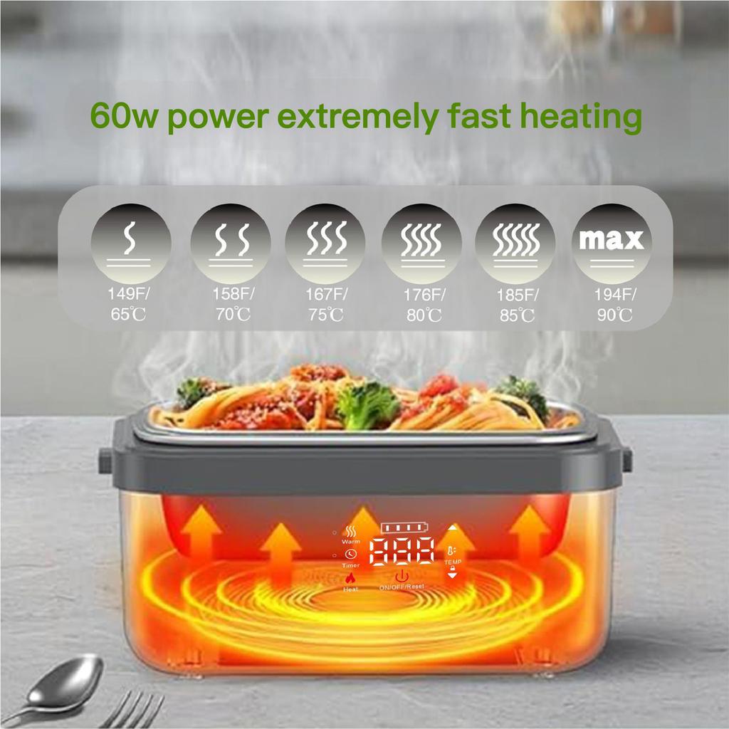 Cordless Electric Lunch Box,8000mAh Self-heating Food Warmer with Power Bank & Smart Timer, 60W Fast Heating Leak-proof Heated Lunch Box