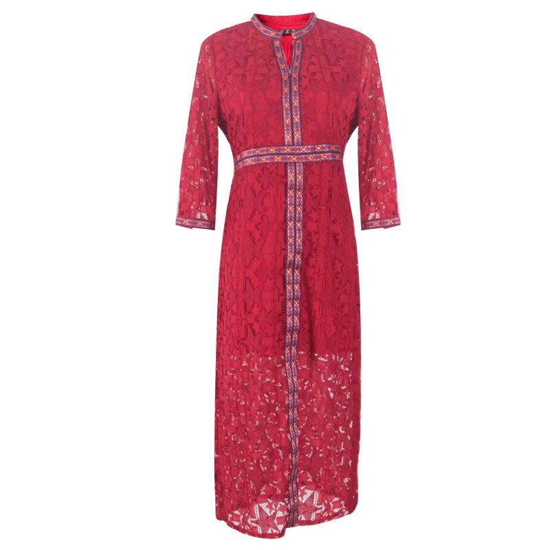 

Этническое платье чонсам большого размера с V-образным вырезом и эластичной талией - Богемный ретро-стиль для весны и осени XL вино красного