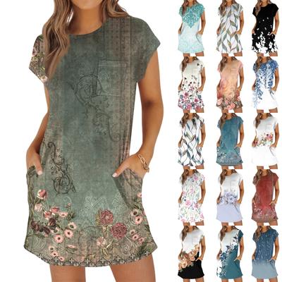 Ladies Fashion Casual Summer Vintage Floral Print Short Sleeve Round Neck Loose Dress With Pockets