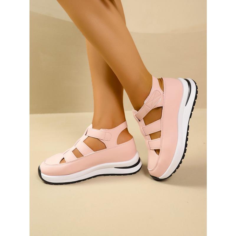 Women’s Breathable Cutout Wedge Sneakers, Thick Sole, Velcro Strap, Hidden Heel, Casual Summer Wear