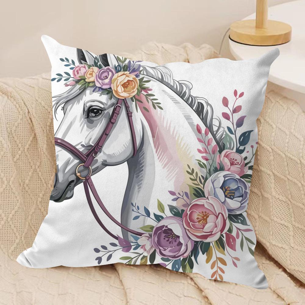 Watercolor Horse  Floral Cushion Cover Soft Plush Fabric DoubleSided Printed Cushion Covers for All Seasons Modern Home Decor