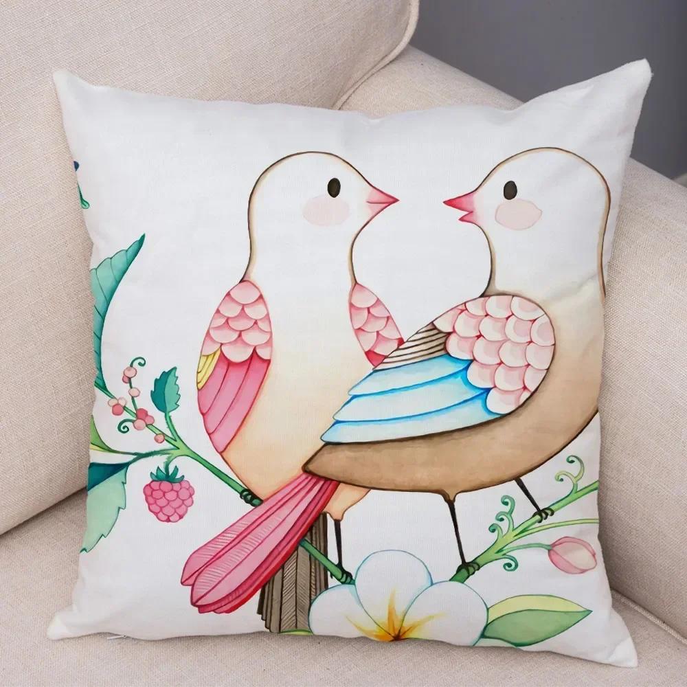 Cute Cartoon Parrot Pillowcase Decorated With Birds And Flowers Living Room Bedroom Sofa Car Cushion Pillowcase 45X45Cm