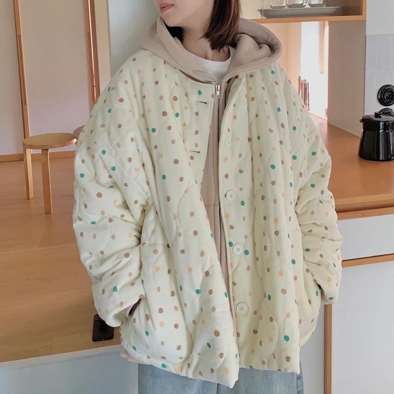 Winter Colored Polka Dots Super Soft Gourd Pattern Single-breasted Loose Cotton Clothing for Women's Cotton Coat Jacket