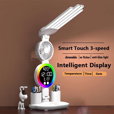 1 LED Schreibtischlampe mit Ventilator, 3-Stufen-Dimmung, USB-betrieben, Keine Batterien, Langlebiges PVC, Augen-Nachtlicht, Tragbarer Ventilator, für Studenten, Elektronisch