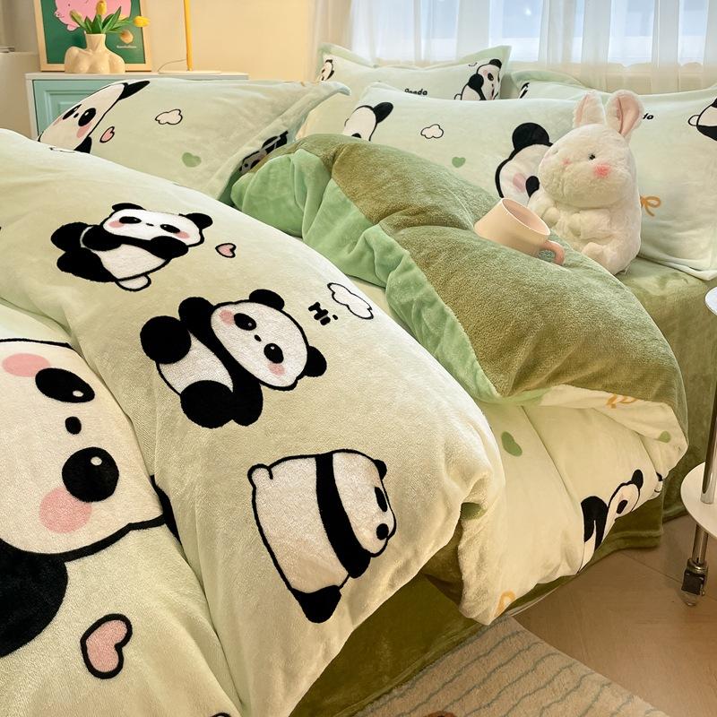 Thickened Milk Fleece Four-Piece Set, Coral Flannel Quilt Cover, Double-Sided Fleece Bed Sheet Quilt Cover, Bed Hat Three-Piece Set