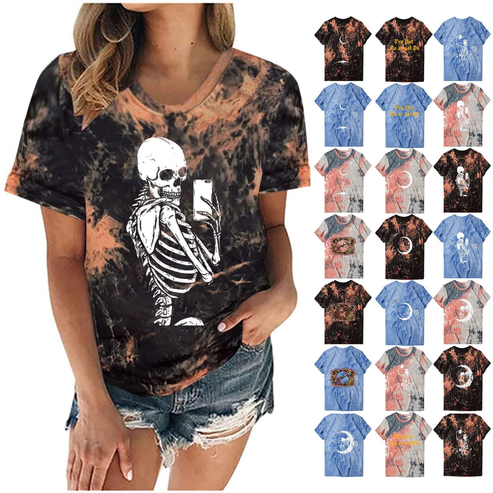 

Women s Graphic Funny Halloween Skeleton T-shirts Tie Short Sleeve Cute Tops Teen Tees