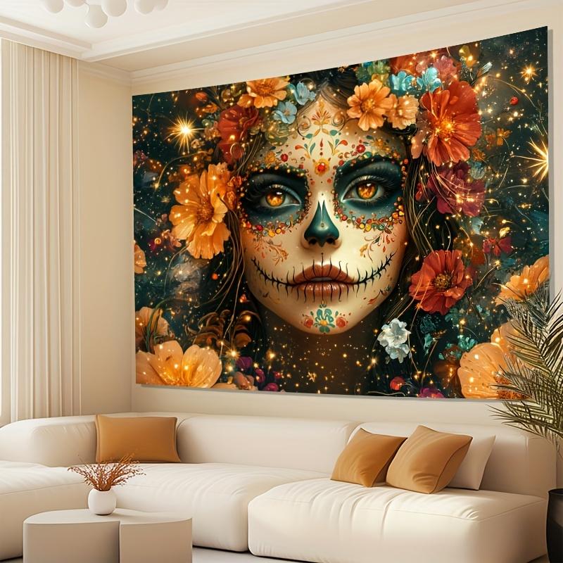 Vitality Sugar Skeleton Woman Pattern Tapestry - Delicate Flowers and Shiny Patterns Suitable for the Living Room