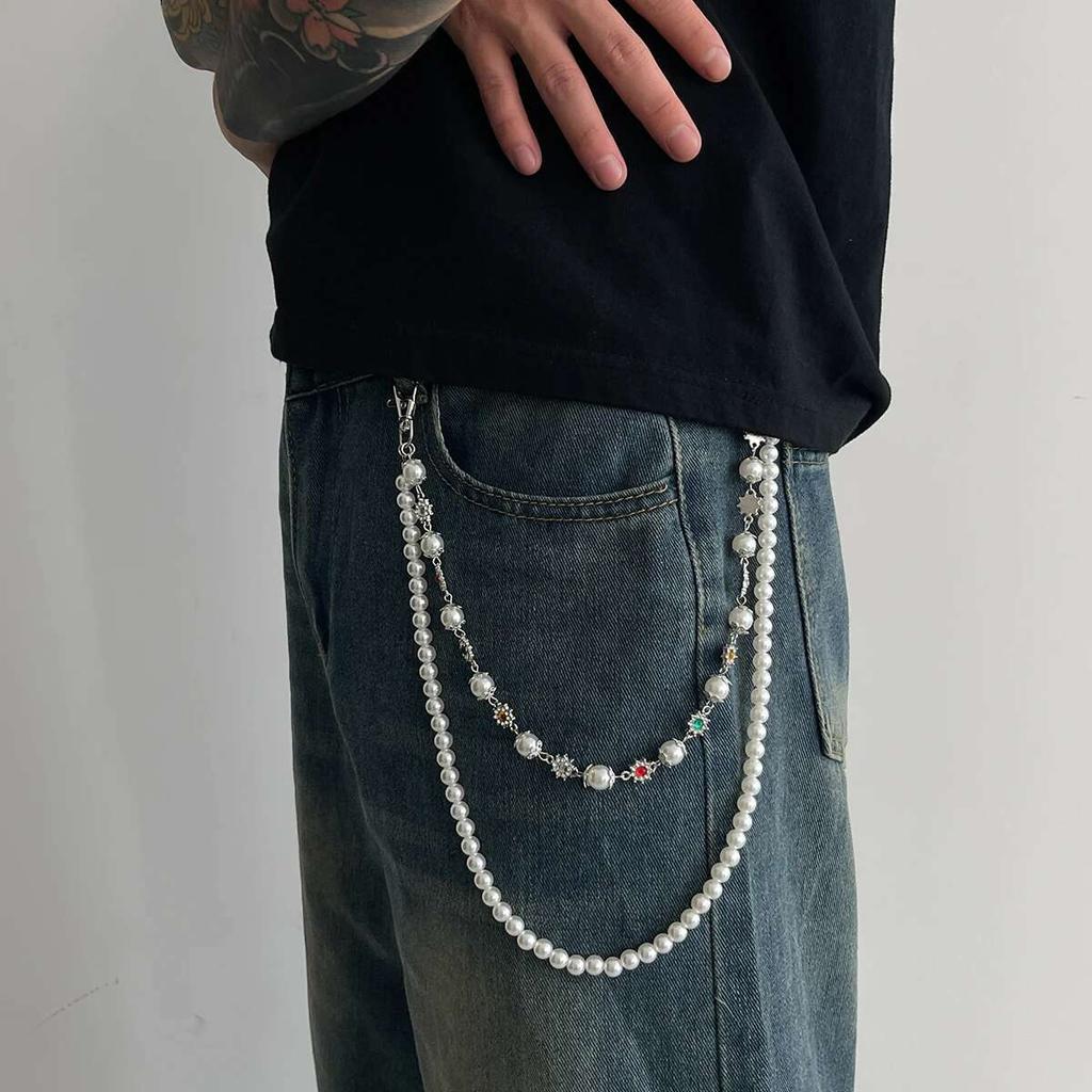 KunJoe Hip Hop Farbige Strassblume Imitation Perlen Hosenkette Herren Jeans Zubehör Mehrschichtige Metallgürtelkette Schlüsselanhänger