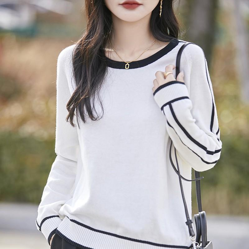 Womens Lightweight Cotton Knit Sweater Round Neck Loose Fit Long Sleeve Top Colorblock Design Office Casual Wear
