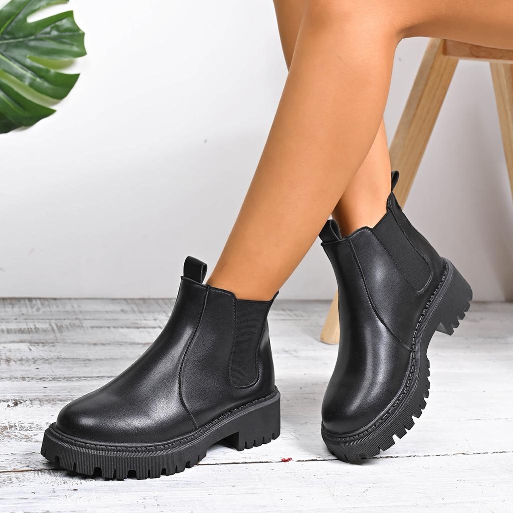 Fashion Women's Solid Color Platform Chelsea Boots Slip On Soft Sole Pu Leather Ankle Boots Woman Comfortable Autumn Winter Botas Mujer