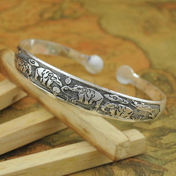 Ethnic Tibetan Miao Silver Vintage Carved Open Bangle Women's Jewelry
