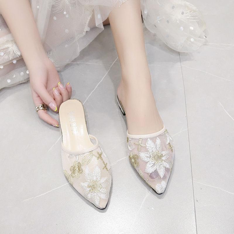Fashion Slides Pointed Toe Embroidery Shoes for Women Sexy Woman Mules Slippers Low Heel New Collection Price Fashion 2025 Trend Sandals