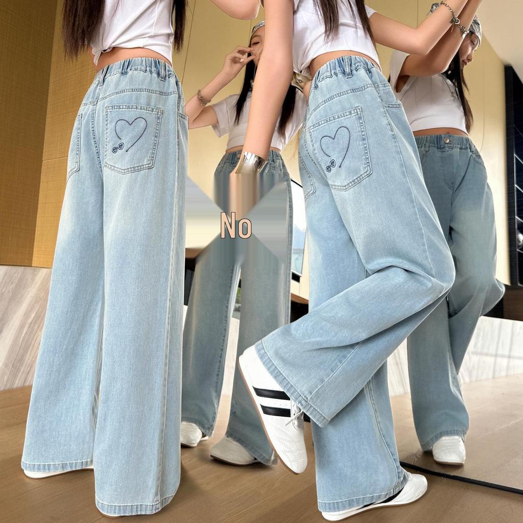 Summer Girls' Wide-Leg Denim Jeans, Trendy Korean-Style Casual Pants for Medium and Large Children