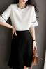 Blouse Summer Top Short Sleeve Crew Neck Pullover Chiffon Pleated Sleeves Loose Fit Stylish Feminine Clean [Seira] Women's T-Shirt