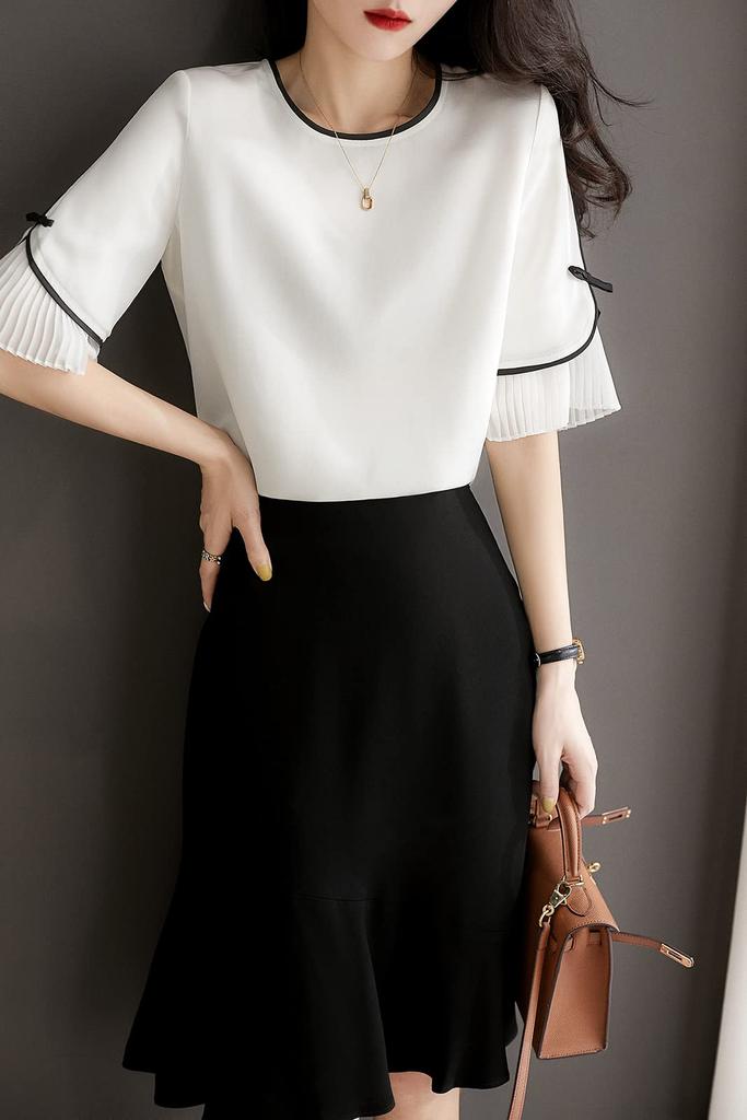 Blouse Summer Top Short Sleeve Crew Neck Pullover Chiffon Pleated Sleeves Loose Fit Stylish Feminine Clean [Seira] Women's T-Shirt
