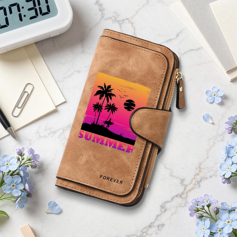 Retro Summer Beach Pattern Long Wallet Fashion Large Capacity Multi Slot Card Holder Zipper Purse