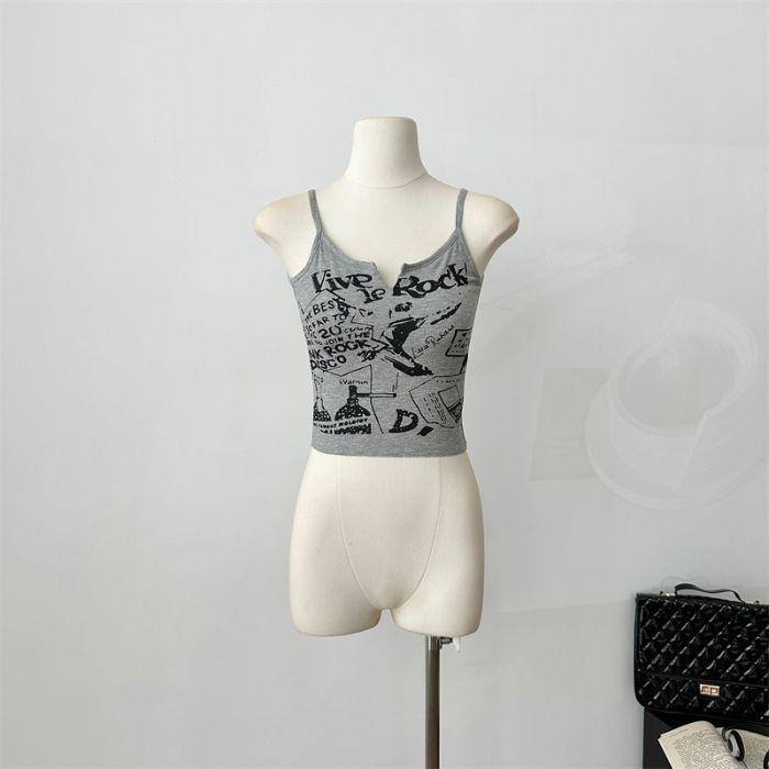 

Ретро Горячая Девушка Подтяжки Красивый Жилет для Женщин Летний Новый V-образный вырез Печатный Граффити Пупок Slim Fit Топ one size серый