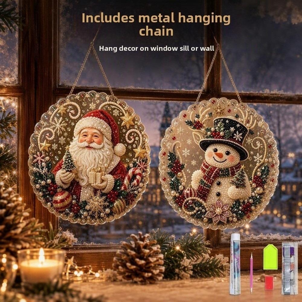 2D Flat Acrylic DIY  Painting Pendant Round Santa Beaded Sun Catcher  Holiday Party