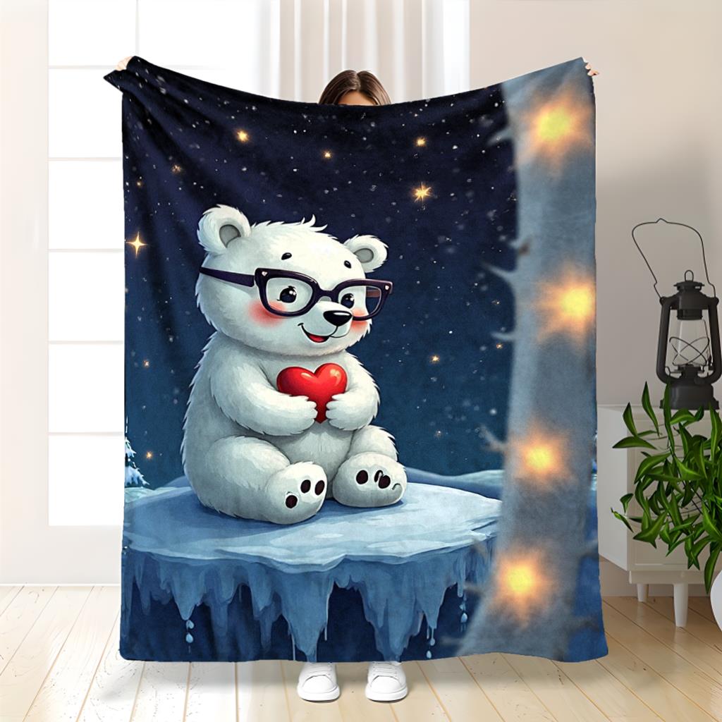 Arctic bear heart pattern Flannel printed blanket suitable for all seasons suitable for living room office sofa and travel