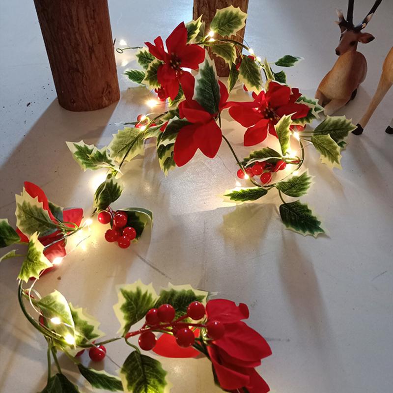 Ghirlandă Artificială Poinsettia Ghirlandă Decorativă Snur De Lumini Cu Fructe Roșii Rattan De Crăciun